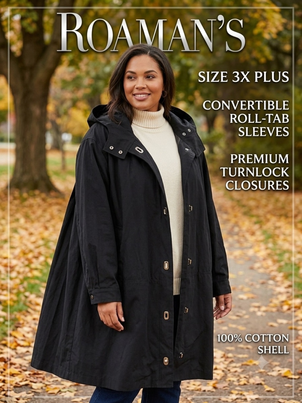ROAMAN'S Women's 3X Black Cotton Hooded Utility Trench Coat Turnlock Jacket